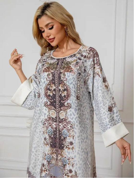 Elegantes Langarm-Abaya-Kleid mit Blumendruck, Premium-Abaya-Kleid, Sommerkleidung