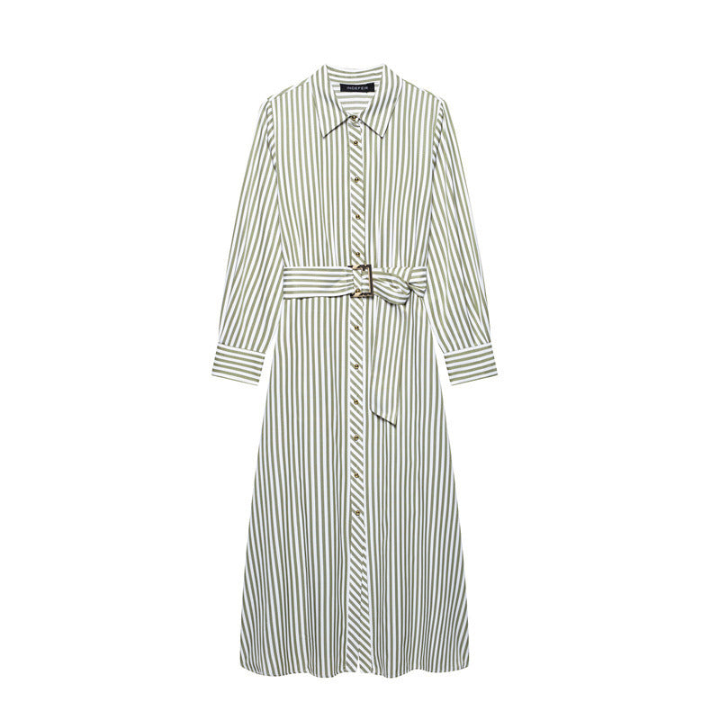 European And American Style Striped Lapel Single Breasted Belt Dress