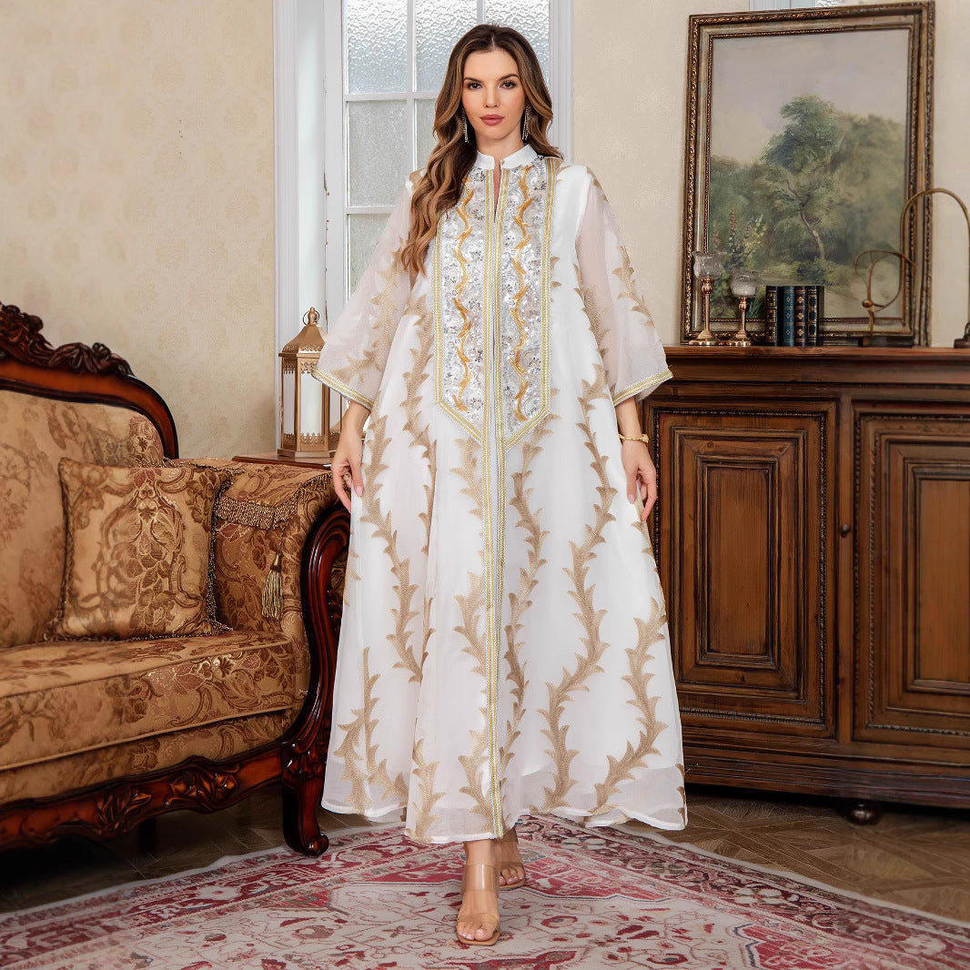 Women's Heavy Mesh Embroidery Long Robe, Middle Eastern Luxury Abaya Cape