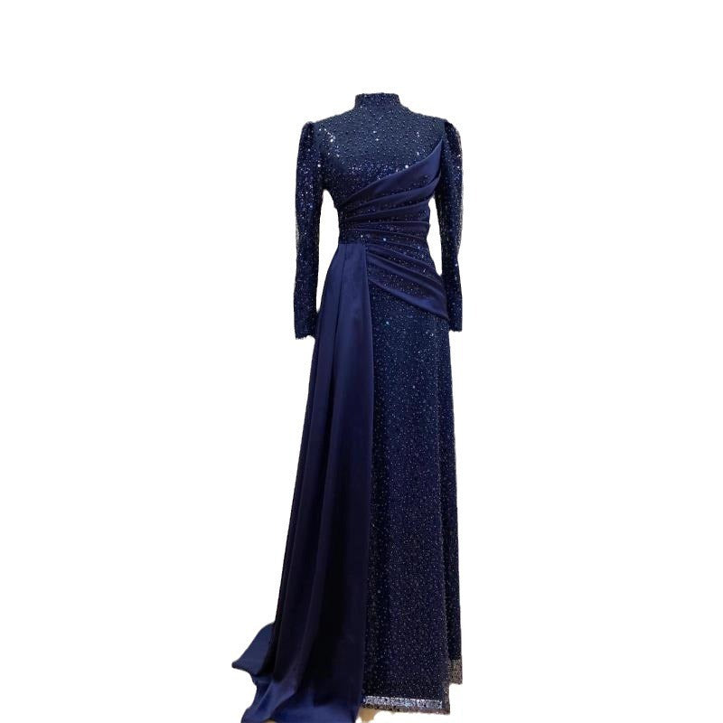 Langärmliges Pailletten-Abendkleid, schlichtes Partykleid