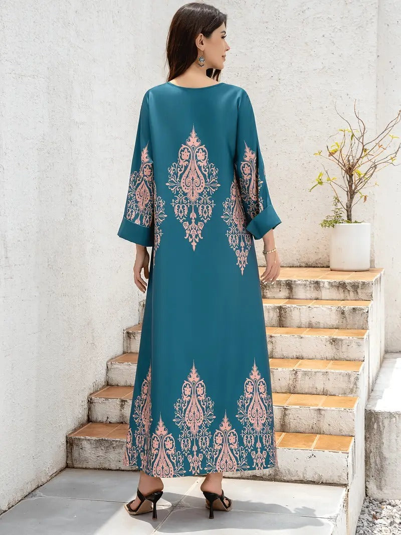 Abaya-Kleid für Damen aus dem Nahen Osten, langes Gewand mit Blumenmuster, islamische Kleidung, bescheidenes Kleid