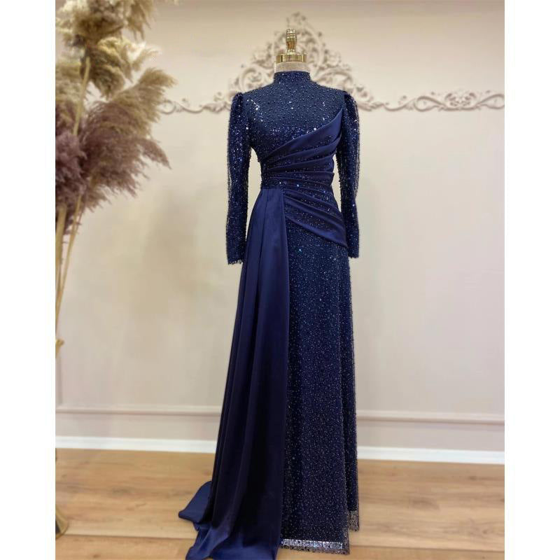 Langärmliges Pailletten-Abendkleid, schlichtes Partykleid