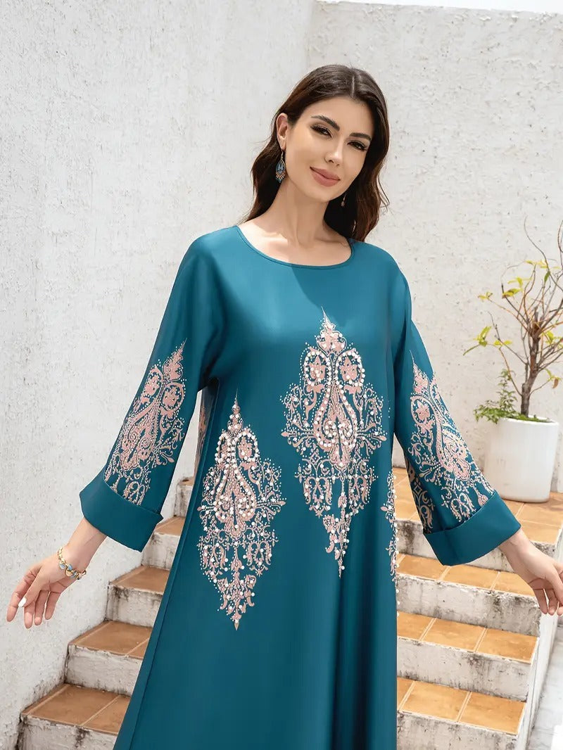 Abaya-Kleid für Damen aus dem Nahen Osten, langes Gewand mit Blumenmuster, islamische Kleidung, bescheidenes Kleid
