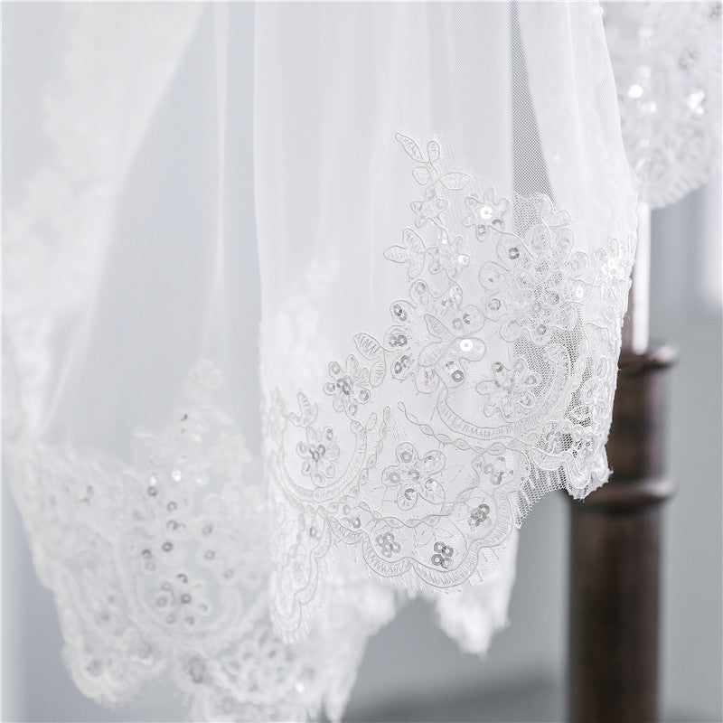 Sequined Short Wedding Veil, Soft Mesh Lace White Ivory Veil