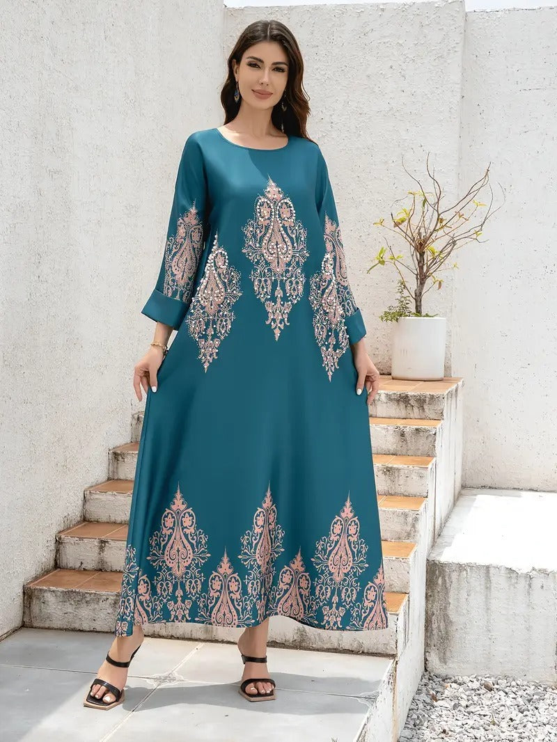 Abaya-Kleid für Damen aus dem Nahen Osten, langes Gewand mit Blumenmuster, islamische Kleidung, bescheidenes Kleid