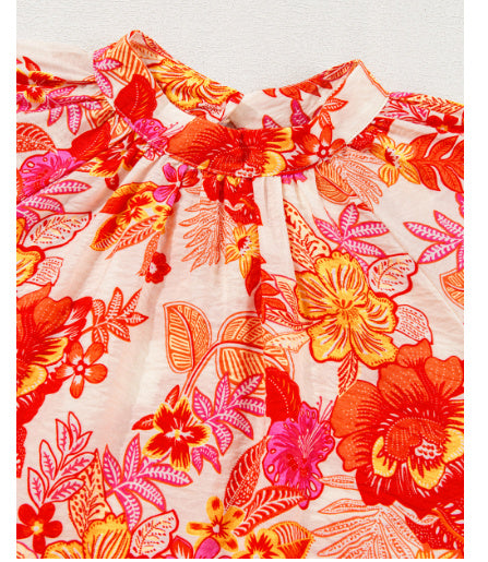 Orangefarbene Bluse mit Puffärmeln und Blumenmuster