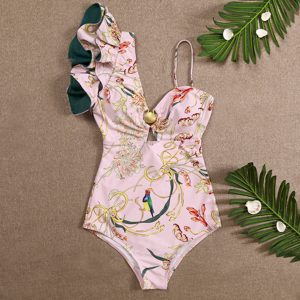 Women's One-piece One Shoulder Ruffled Edge Swimwear, Cross-border Printed Swimsuit