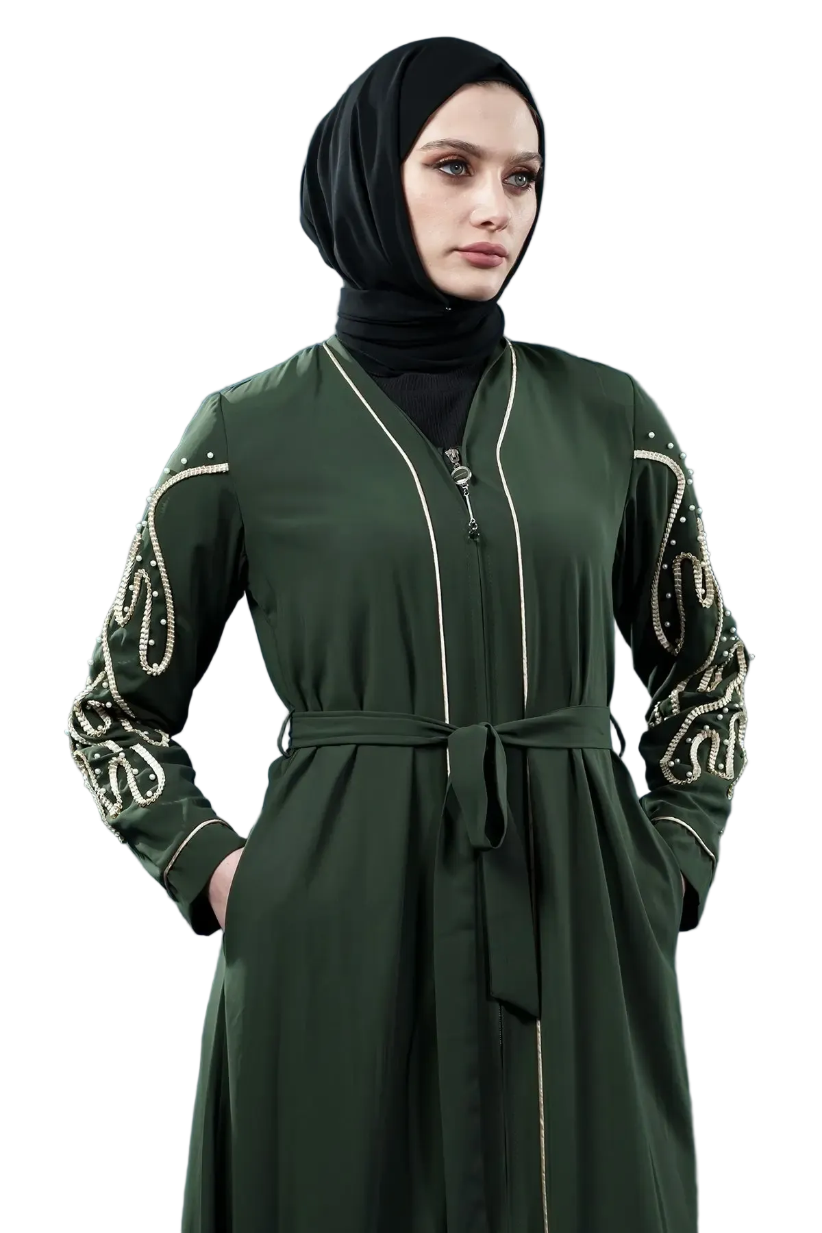 Pearl Embellished Embroidered | Zippered | Khaki