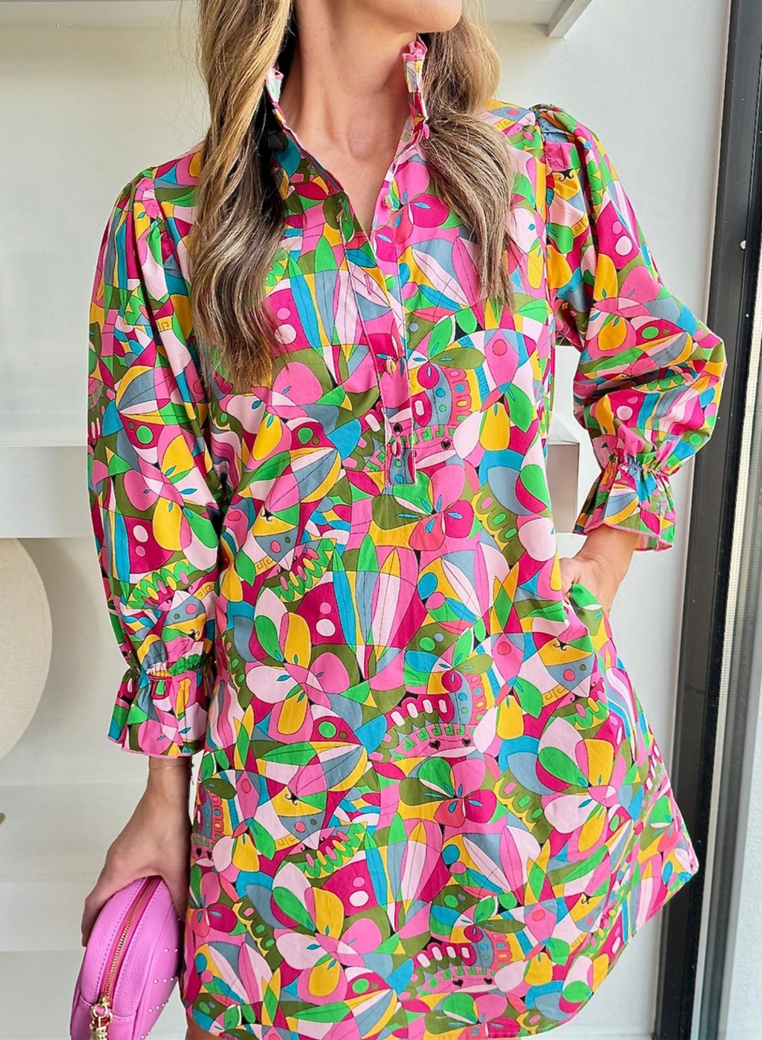 Abstract Printed Lantern Sleeve Buttoned Mini Dress - Tunic