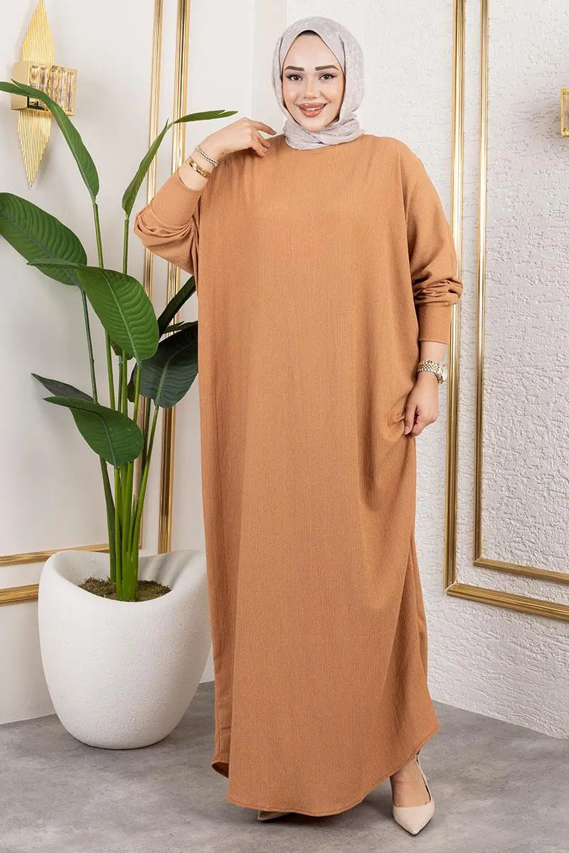 Batwing Sleeve Crepe Dress | Camel – NEOMODEST product image 2