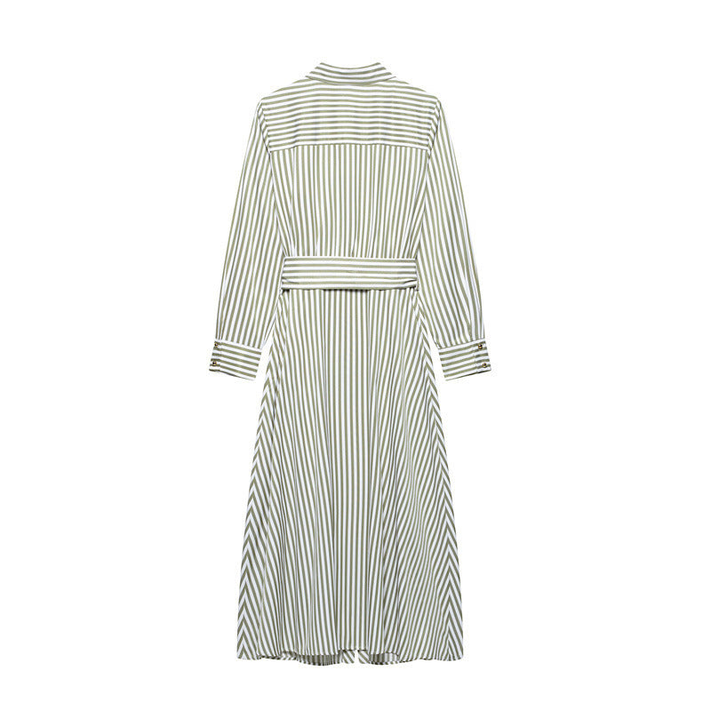 Einreihiges Kleid mit Gürtel und gestreiftem Revers im europäischen und amerikanischen Stil