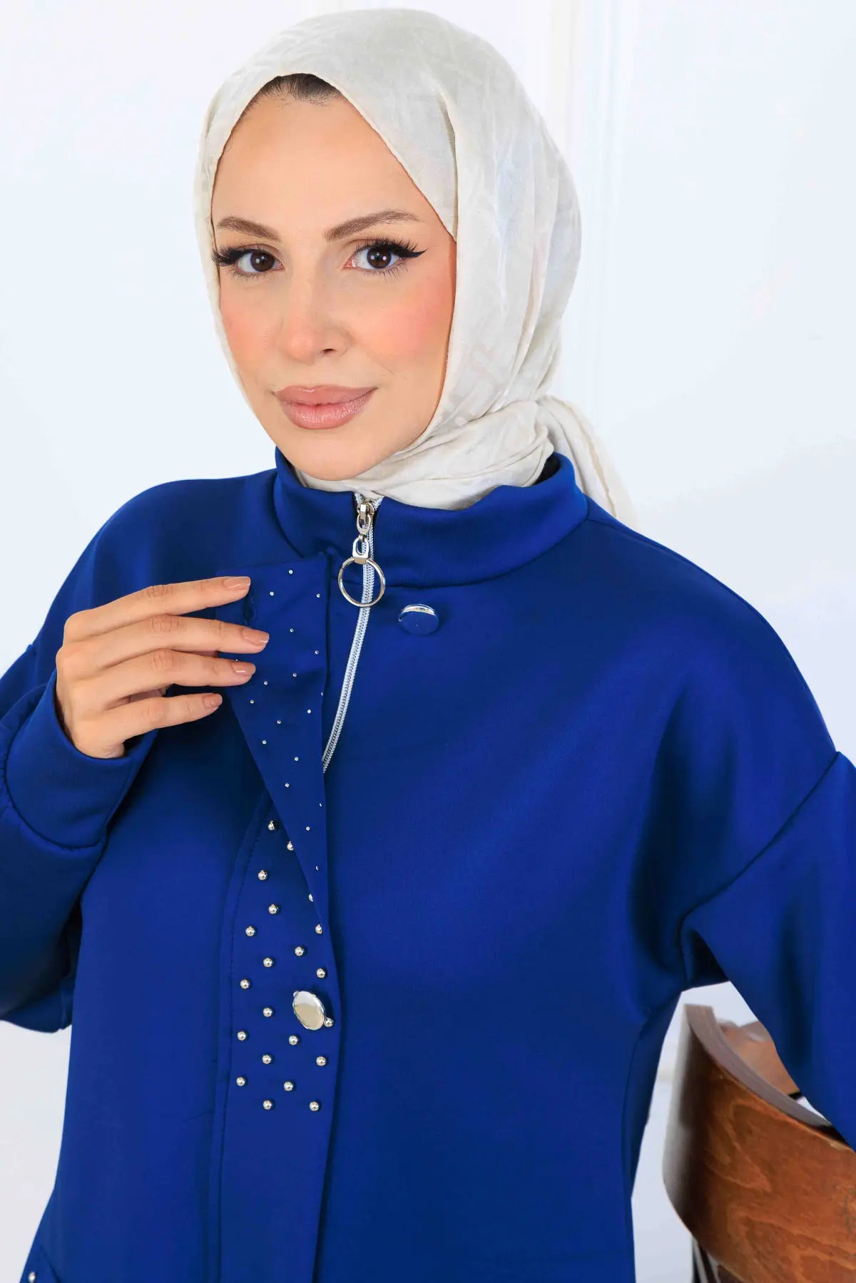 Beaded Detailed Scuba Two Piece Set | Sax Blue – NEOMODEST product image 4