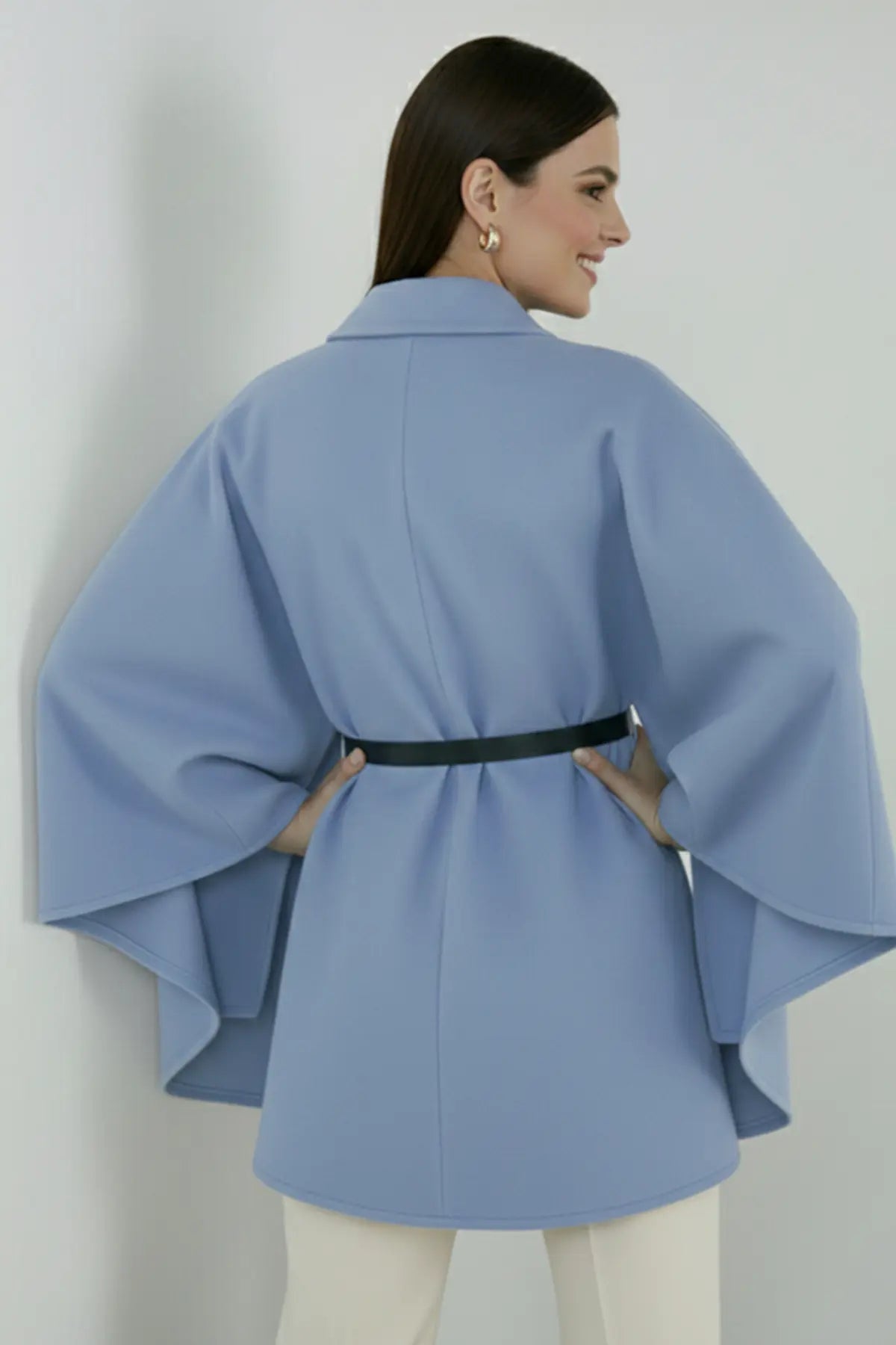 Belted Cashmere Poncho | Baby Blue – NEOMODEST product image 3