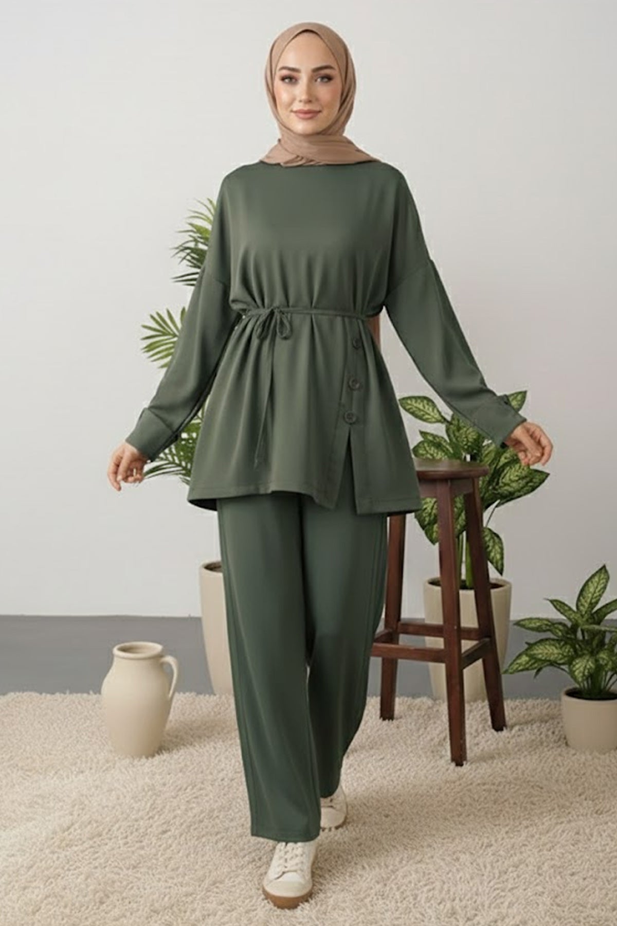 Button Detail Tunic Set | Khaki – NEOMODEST product image 1