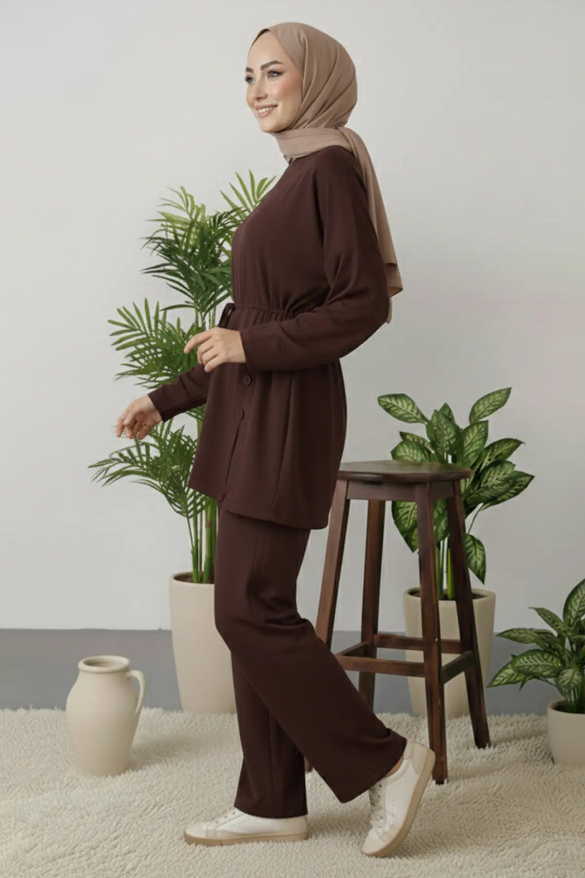 Button Detail Tunic Set | Brown – NEOMODEST product image 2