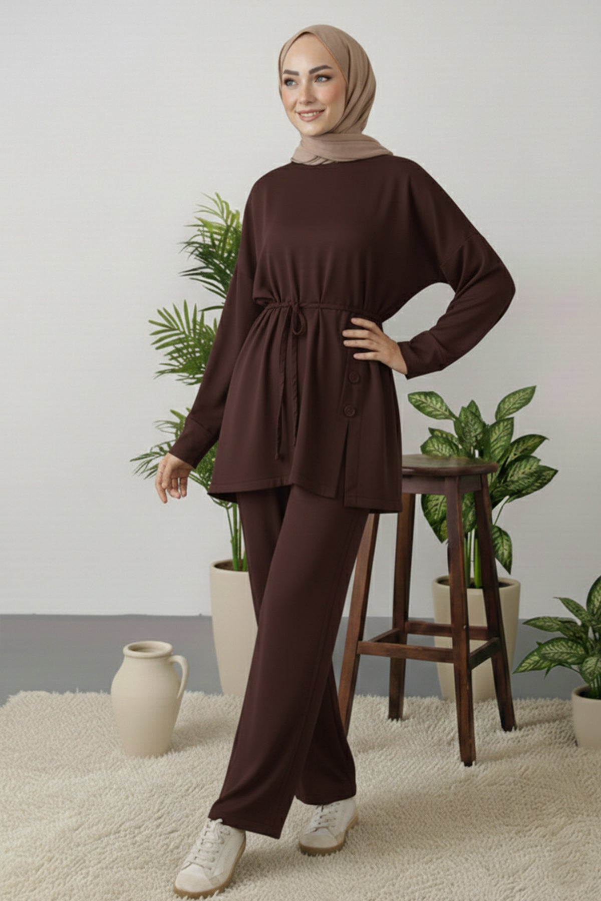 Button Detail Tunic Set | Brown – NEOMODEST product image 1