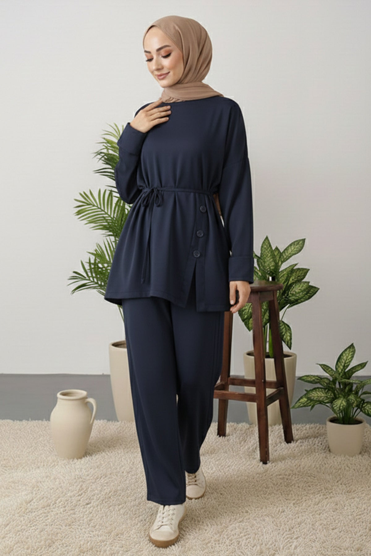 Button Detail Tunic Set | Navy Blue – NEOMODEST product image 1