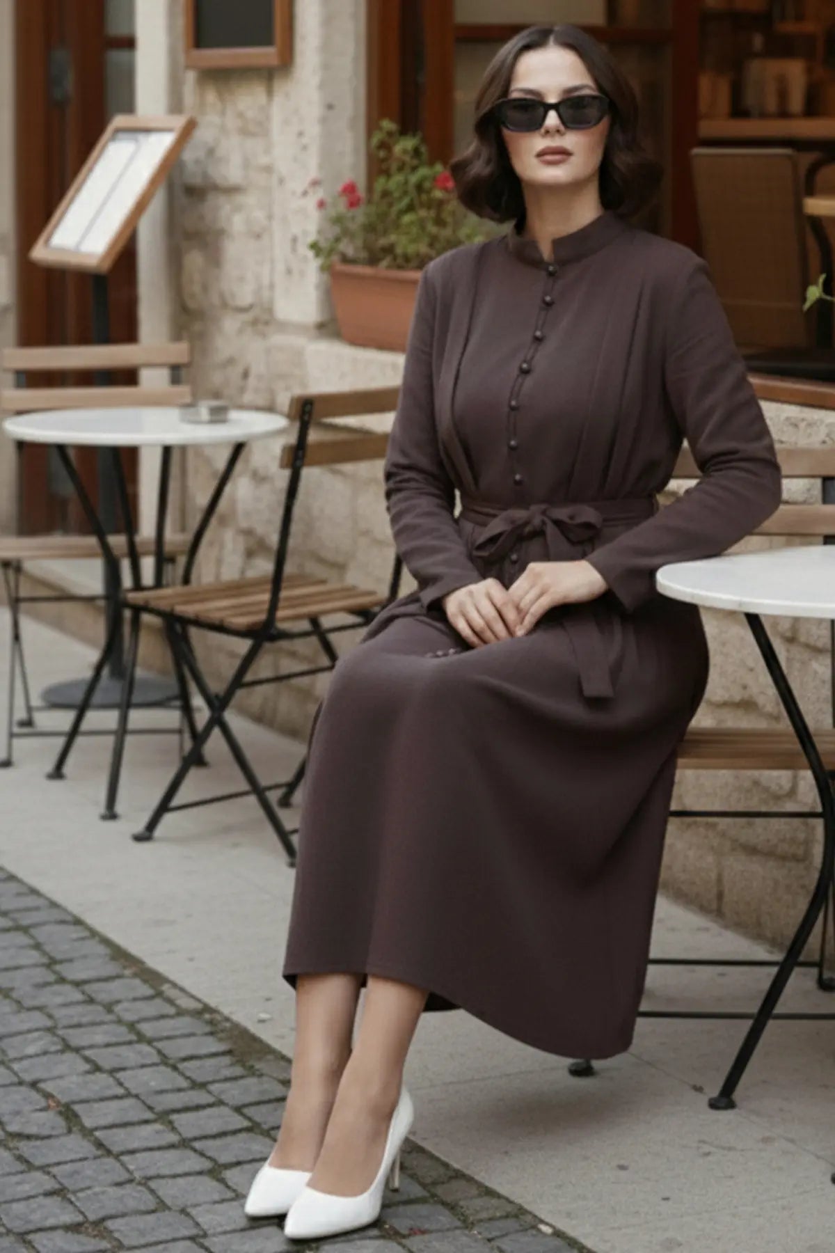 Buttoned Hijab Dress | Khaki – NEOMODEST product image 2
