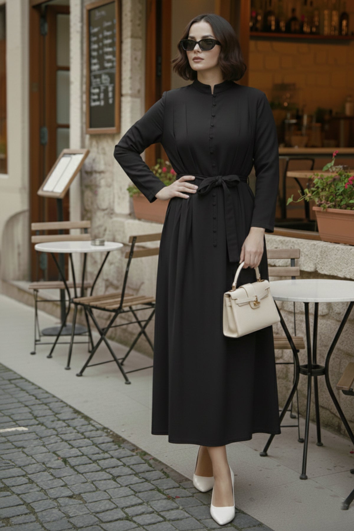 Buttoned Hijab Dress | Black – NEOMODEST product image 1