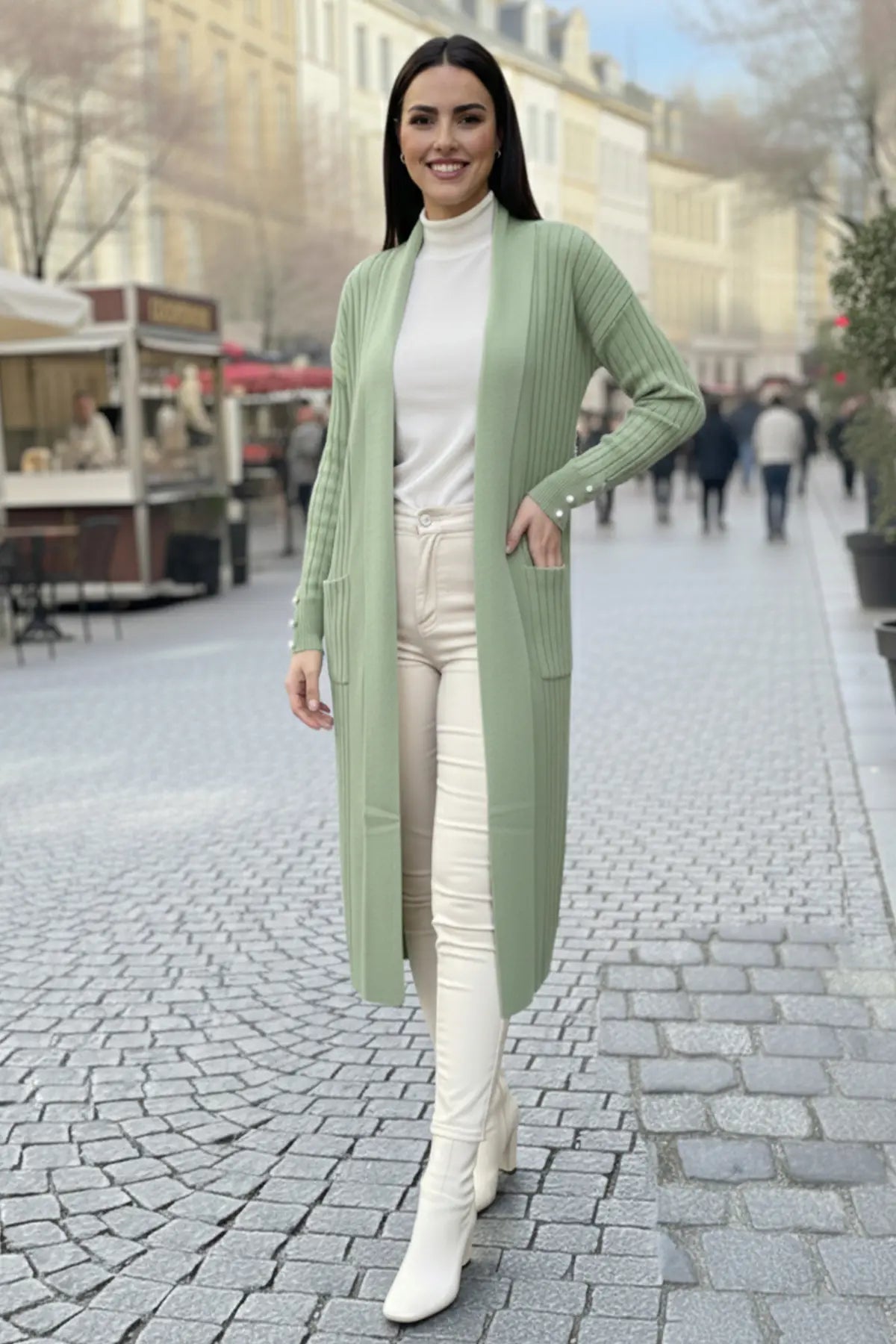 Buttoned Sleeve Ribbed Knit Cardigan | Mint – NEOMODEST product image 2