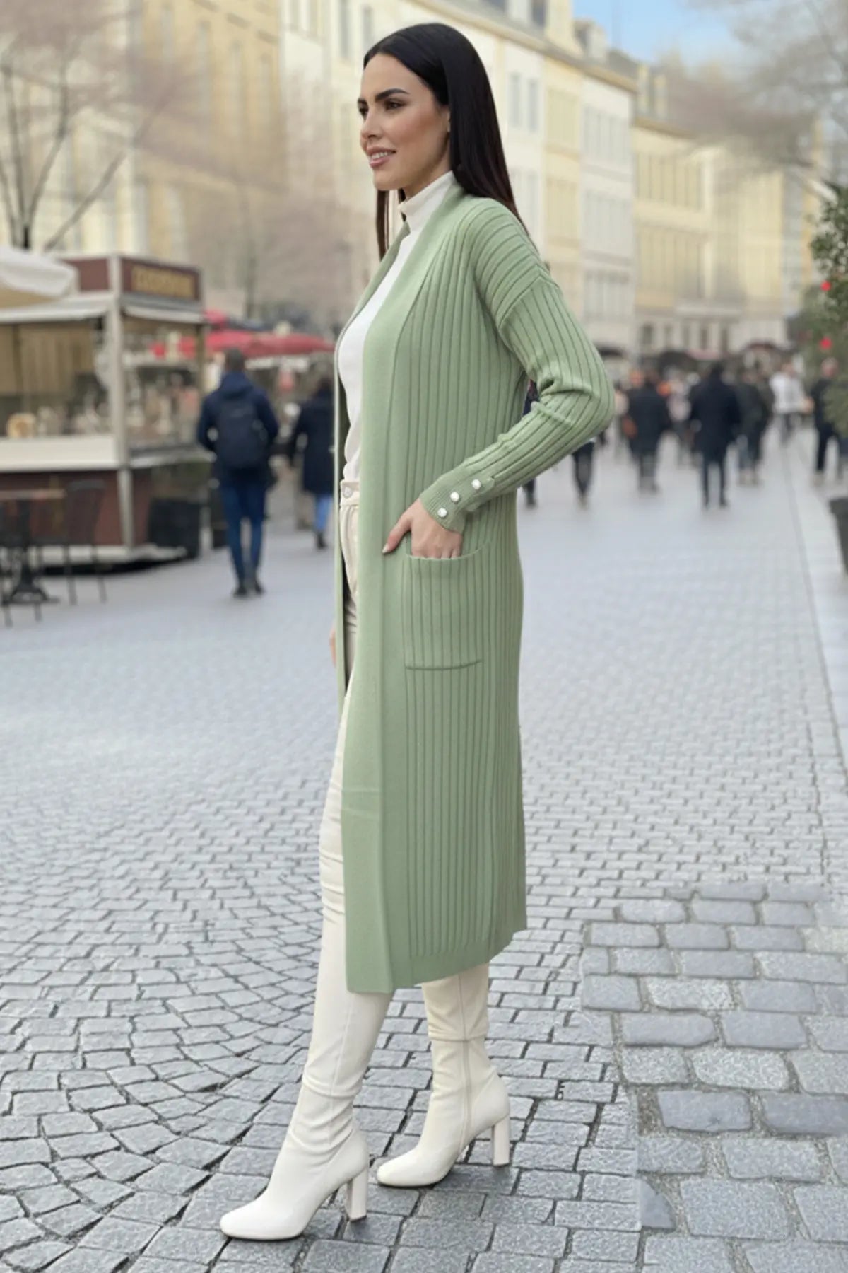 Buttoned Sleeve Ribbed Knit Cardigan | Mint – NEOMODEST product image 3