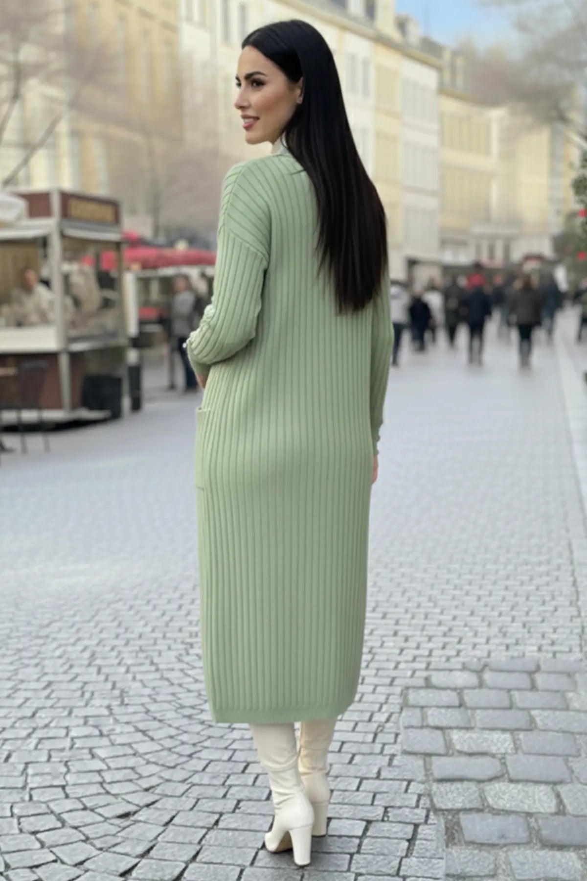 Buttoned Sleeve Ribbed Knit Cardigan | Mint – NEOMODEST product image 4