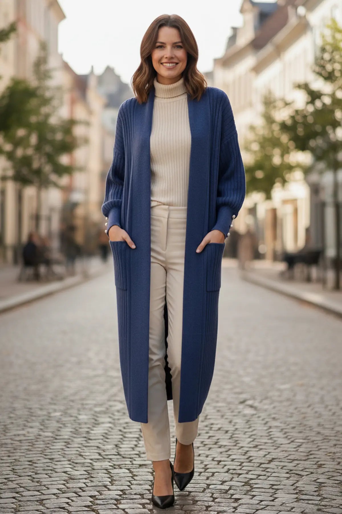 Buttoned Sleeve Ribbed Knit Cardigan | Indigo – NEOMODEST product image 2