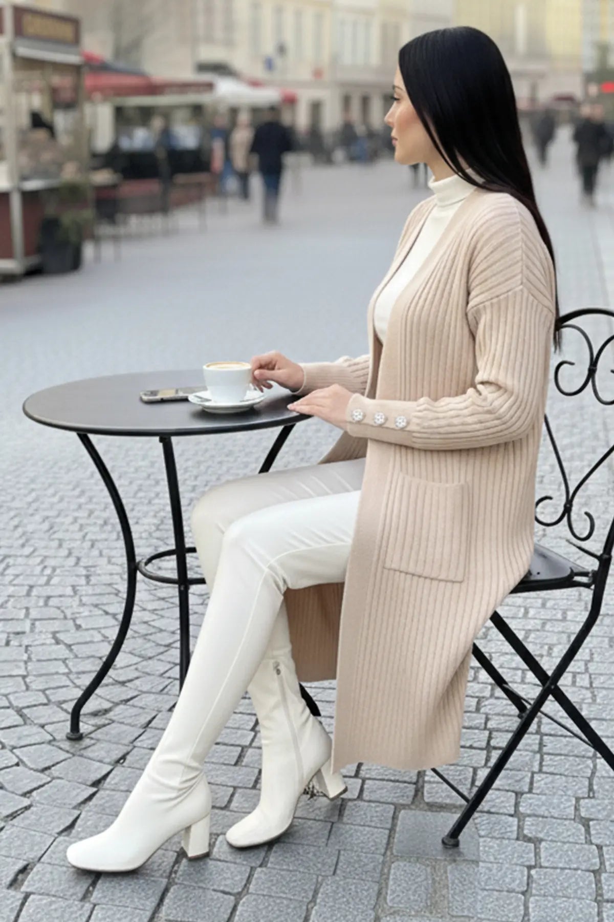 Buttoned Sleeve Ribbed Knit Cardigan | Beige – NEOMODEST product image 2