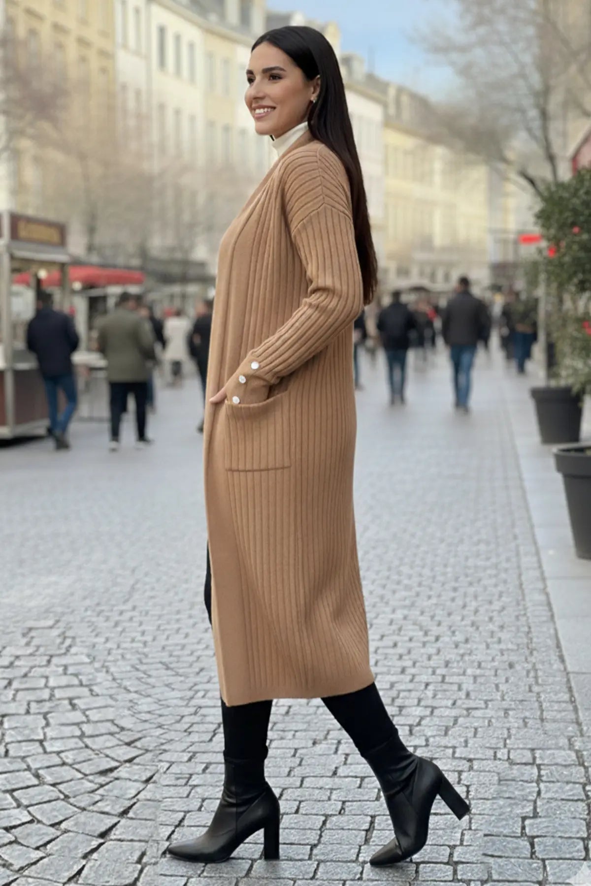 Buttoned Sleeve Ribbed Knit Cardigan | Camel – NEOMODEST product image 2