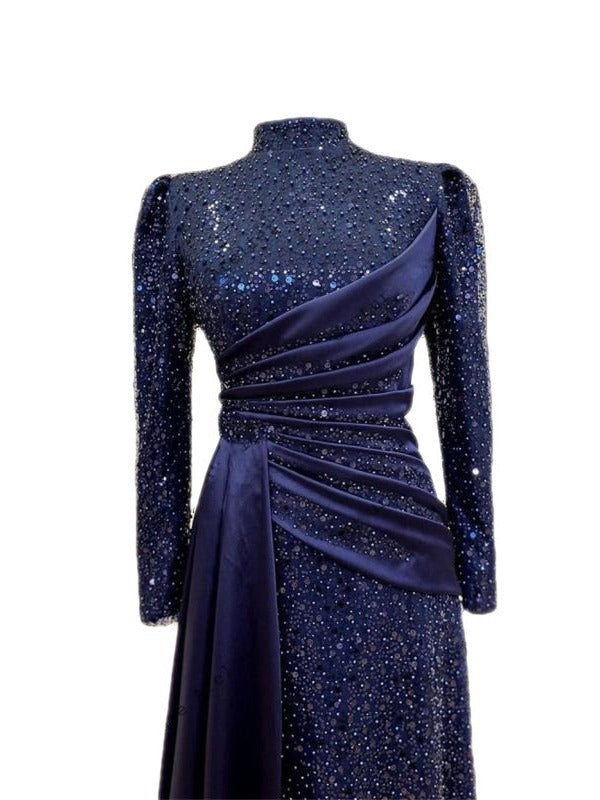 Langärmliges Pailletten-Abendkleid, schlichtes Partykleid