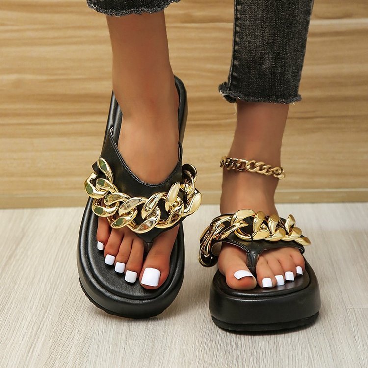 Chain Slippers Summer Fashion Thong Sandals Flip Flops Large Size Herringbone Shoes - Black / 35 - Slippers
