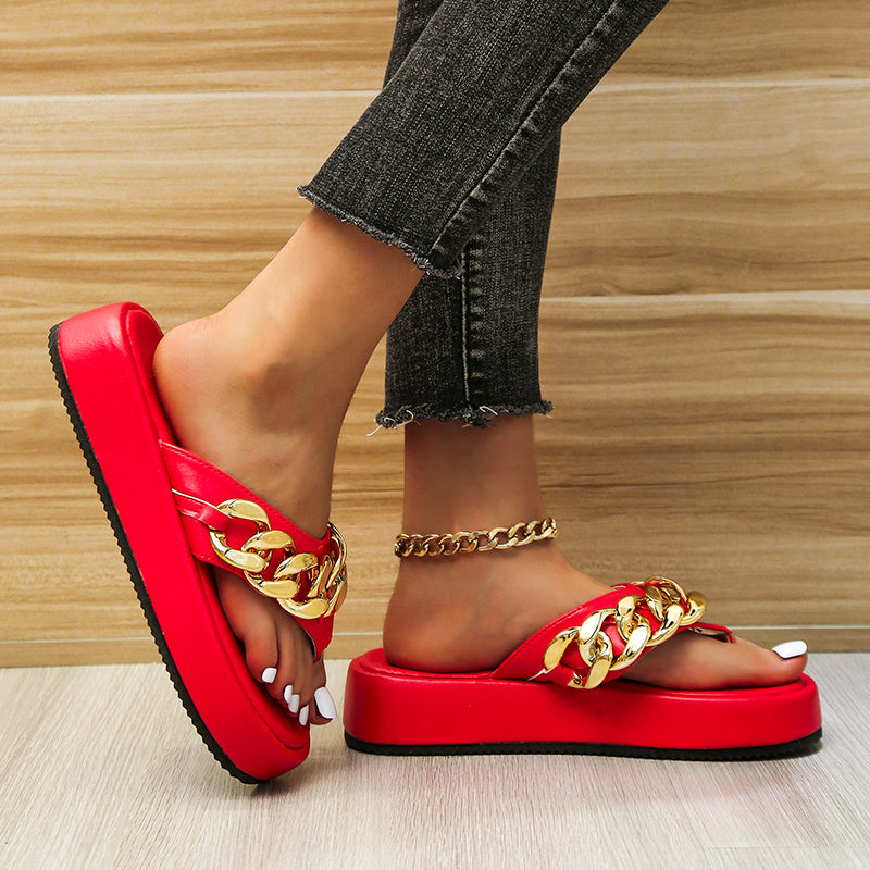 Chain Slippers Summer Fashion Thong Sandals Flip Flops Large Size Herringbone Shoes - Red / 35 - Slippers