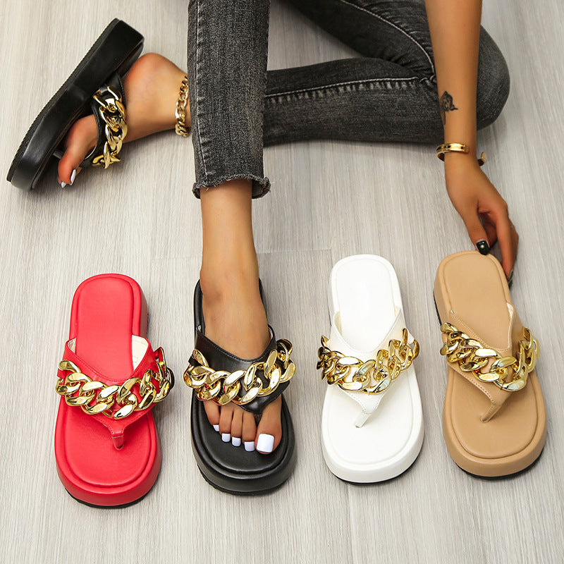 Chain Slippers Summer Fashion Thong Sandals Flip Flops Large Size Herringbone Shoes - Slippers