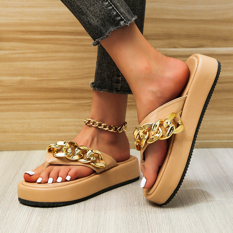 Chain Slippers Summer Fashion Thong Sandals Flip Flops Large Size Herringbone Shoes - Slippers