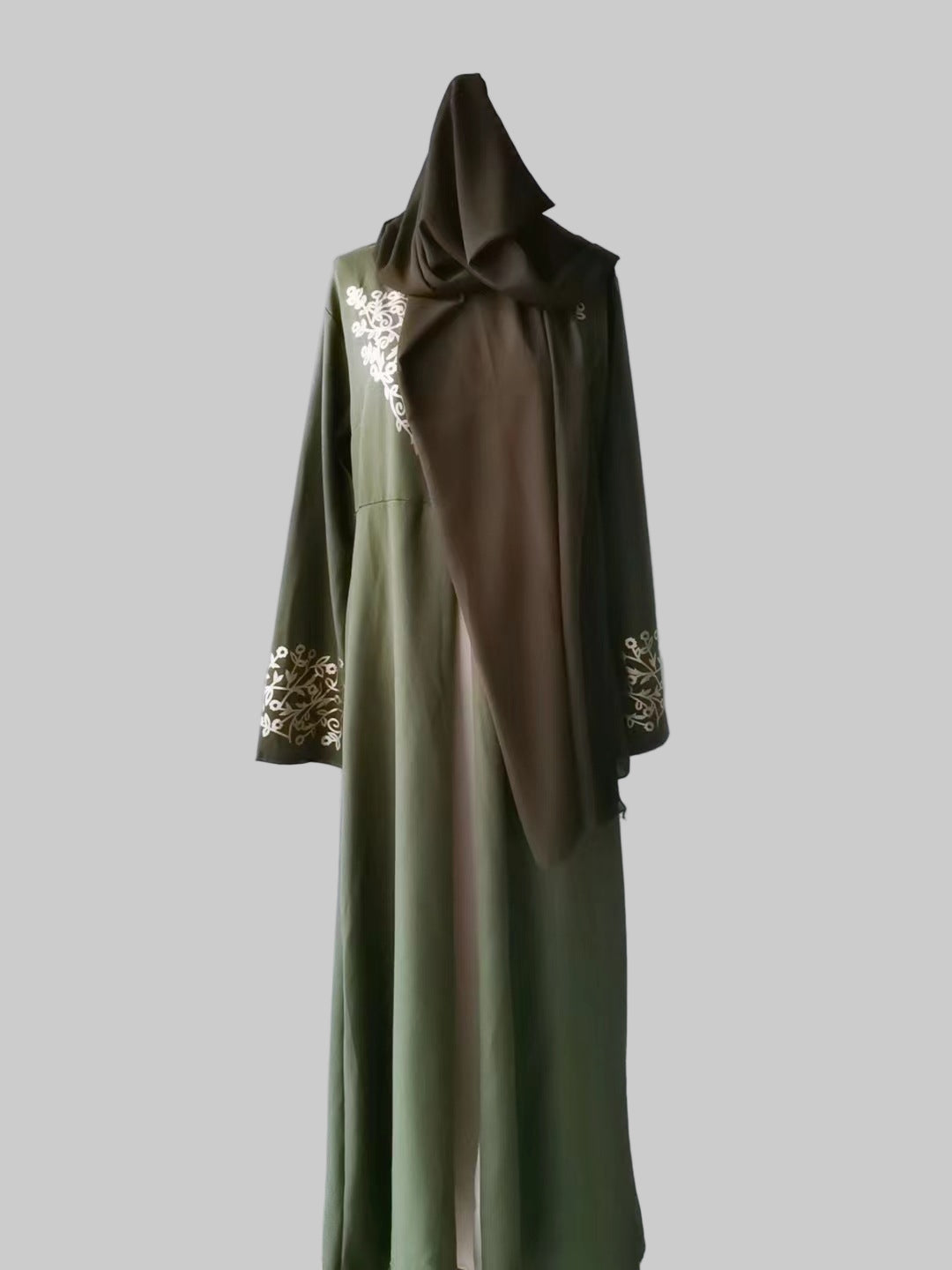 Contrast Colour Slim Fit Gilding Stitching Abaya - Army Green With Headscarf / L