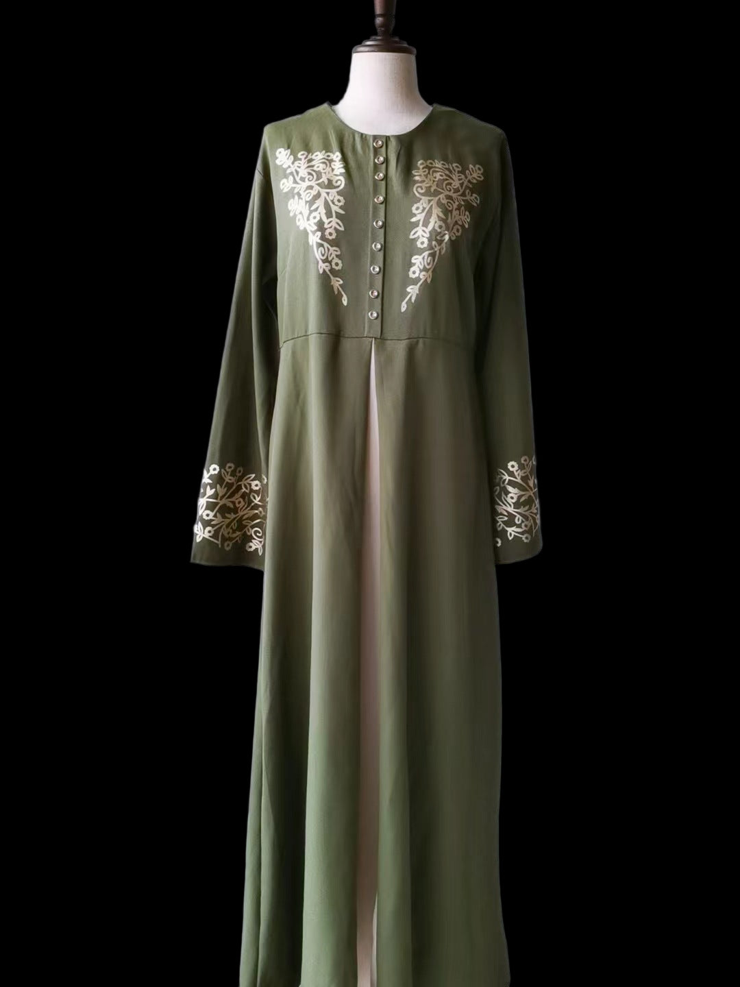 Contrast Colour Slim Fit Gilding Stitching Abaya - Army Green Without Headscarf / L