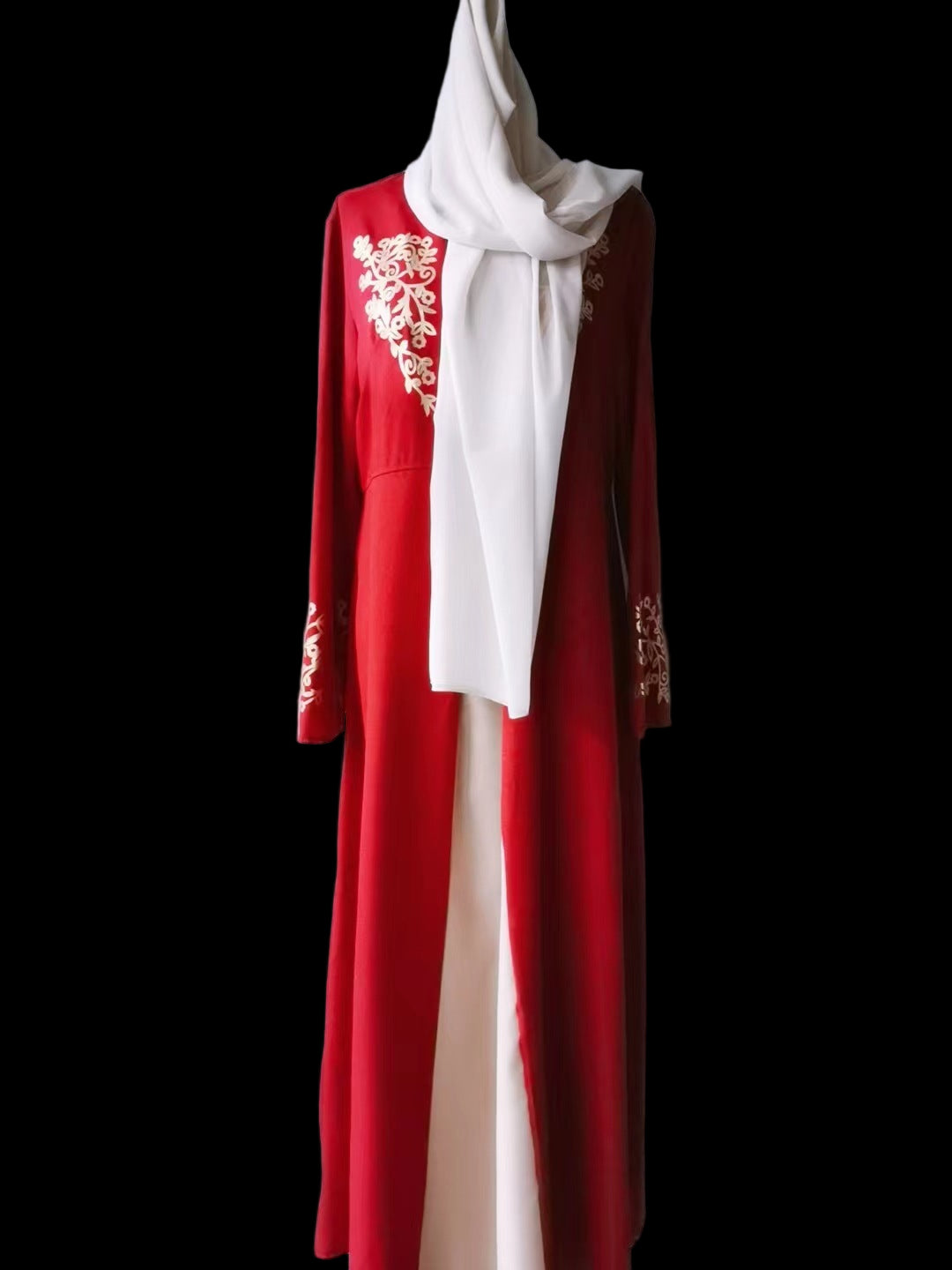 Contrast Colour Slim Fit Gilding Stitching Abaya - Red With Apricot Headscarf / L