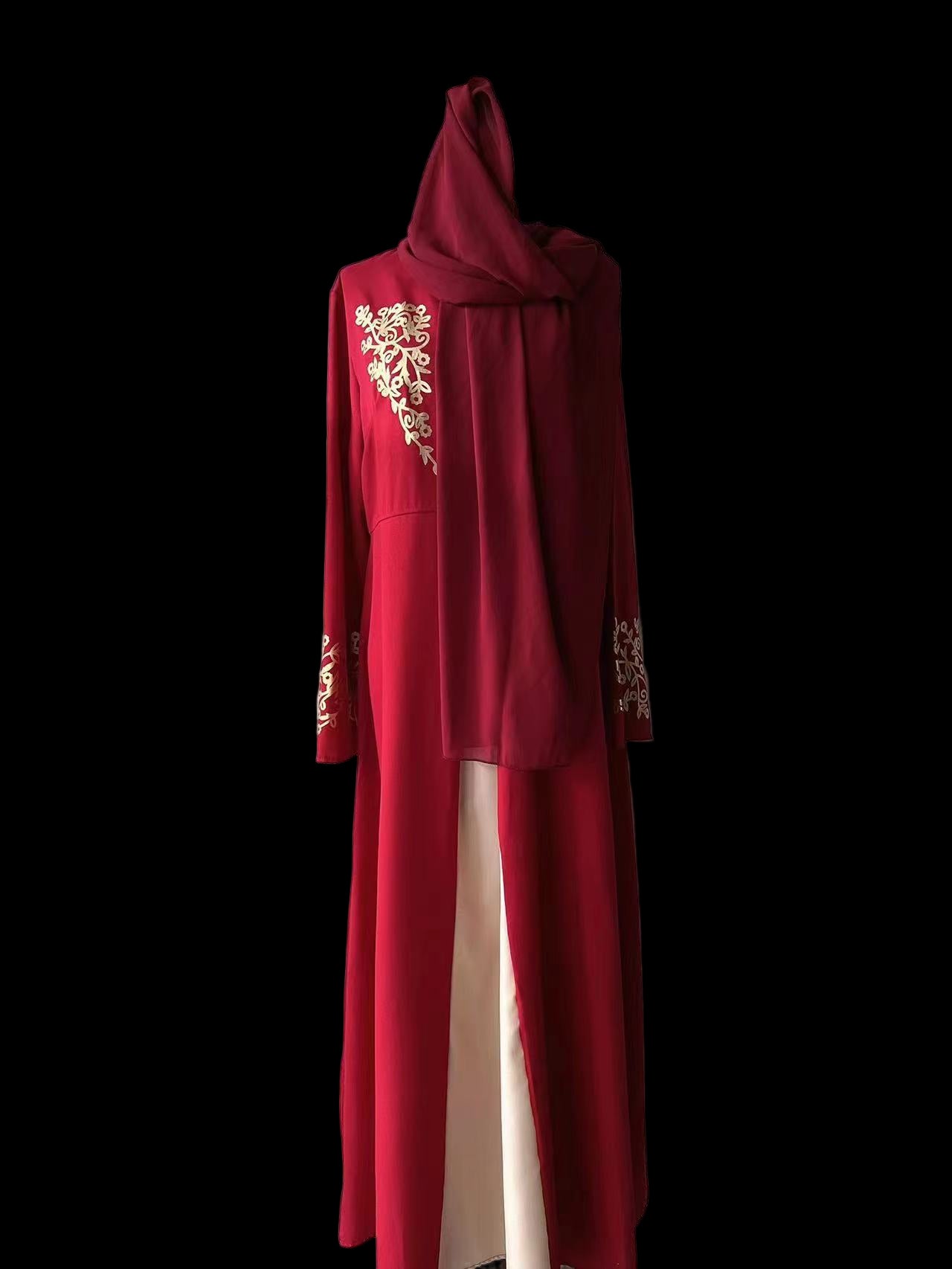 Contrast Colour Slim Fit Gilding Stitching Abaya - Red With Red Headscarf / L