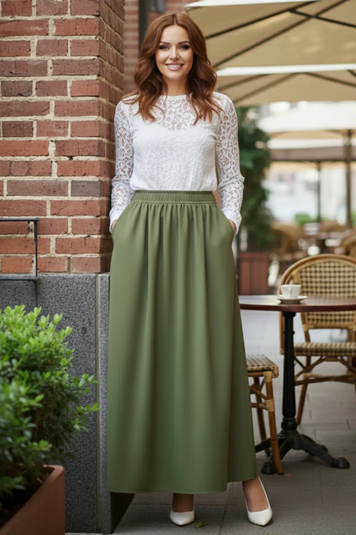 Elastic Waist Double Skirt | Khaki – NEOMODEST product image 3