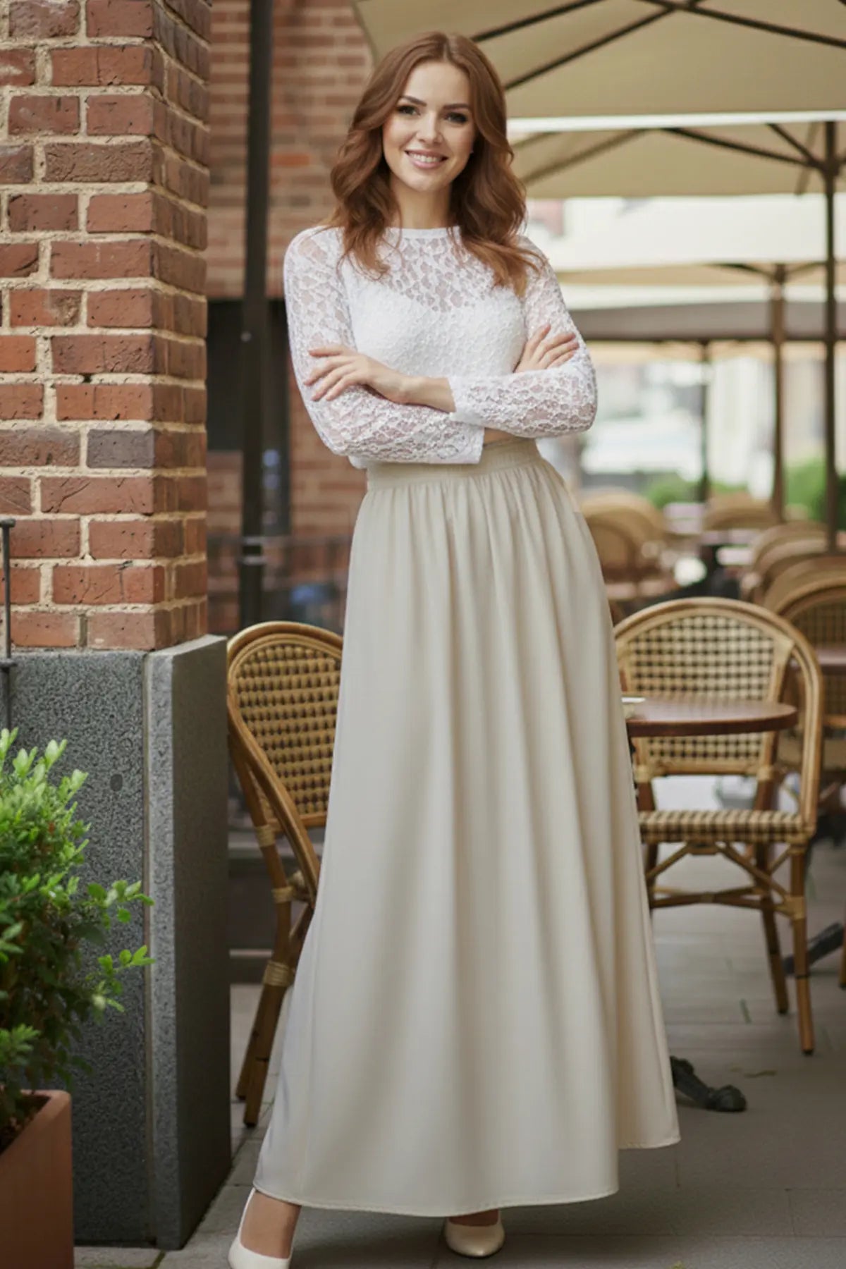 Elastic Waist Double Skirt | Stone – NEOMODEST product image 2