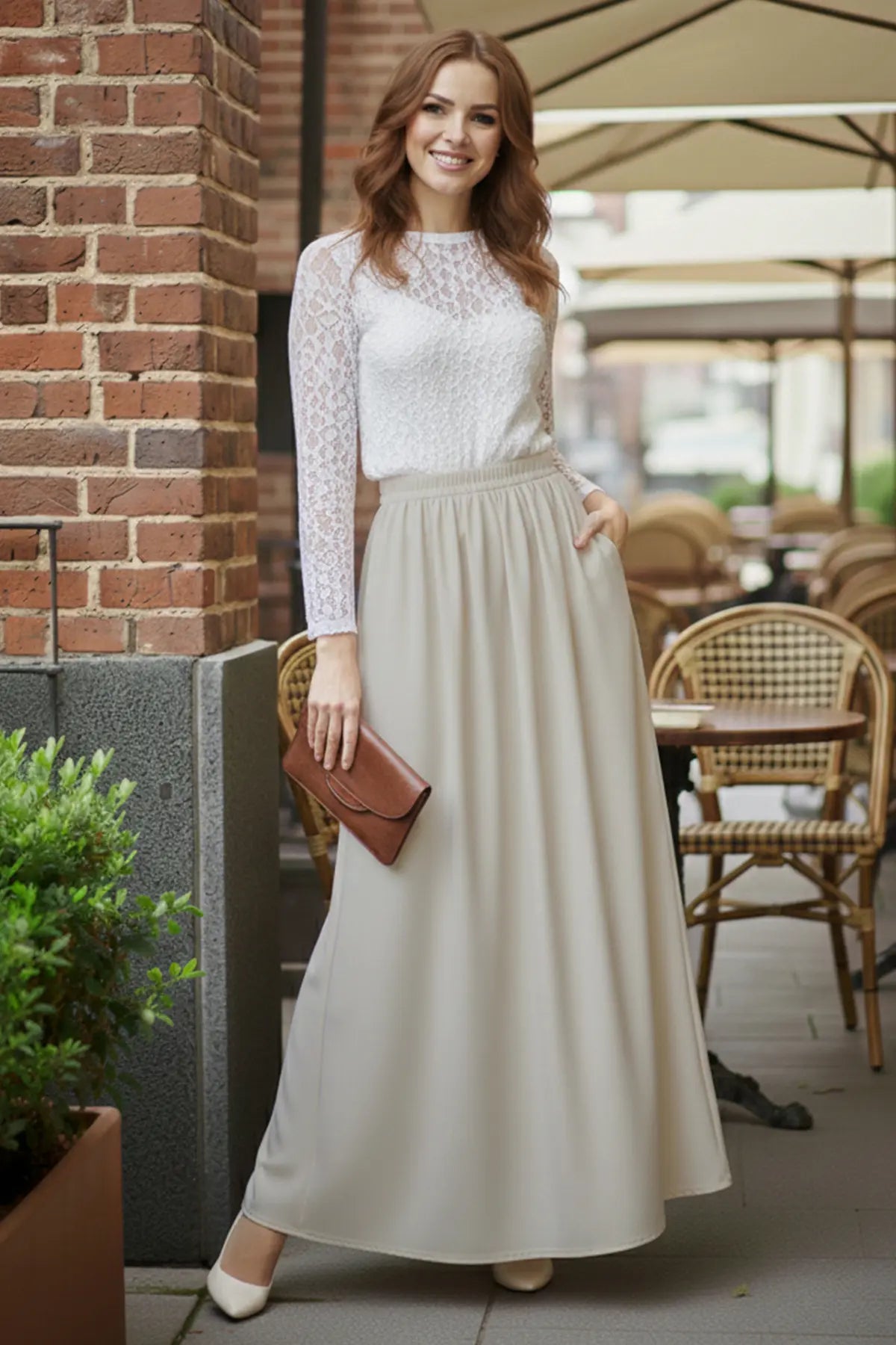 Elastic Waist Double Skirt | Stone – NEOMODEST product image 5