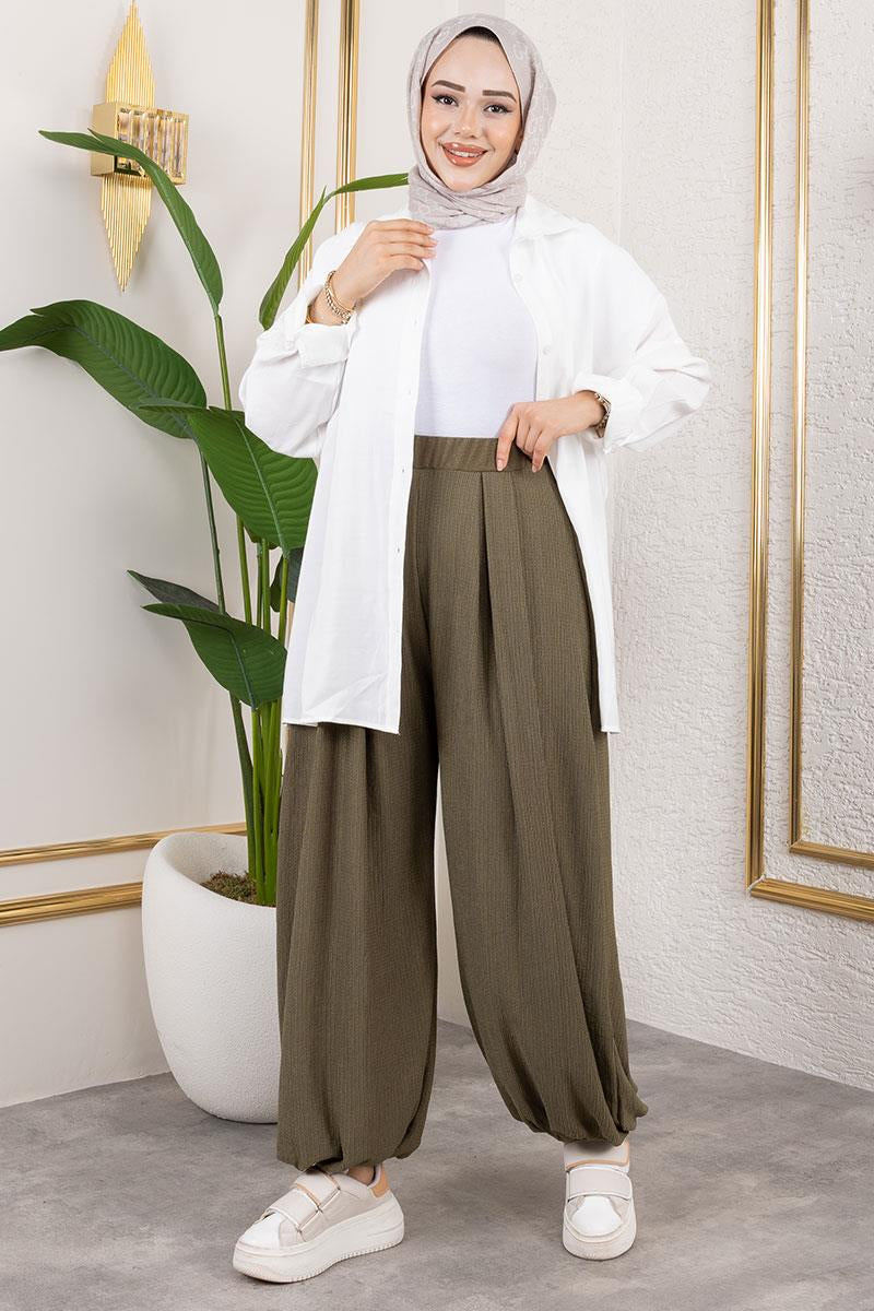 Elastic Waist Shalwar Trousers | Khaki – NEOMODEST product image 1