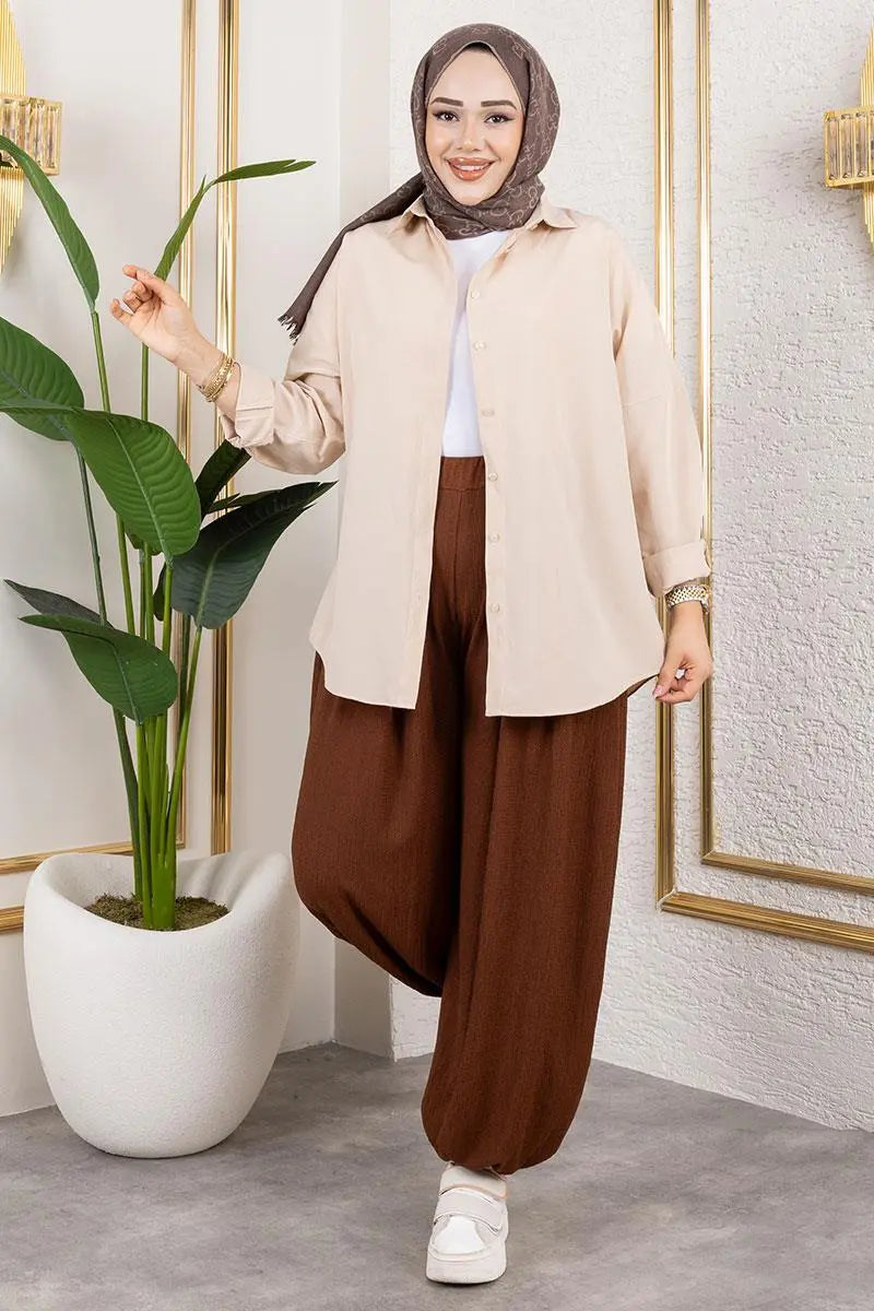 Elastic Waist Shalwar Trousers | Brown – NEOMODEST product image 3