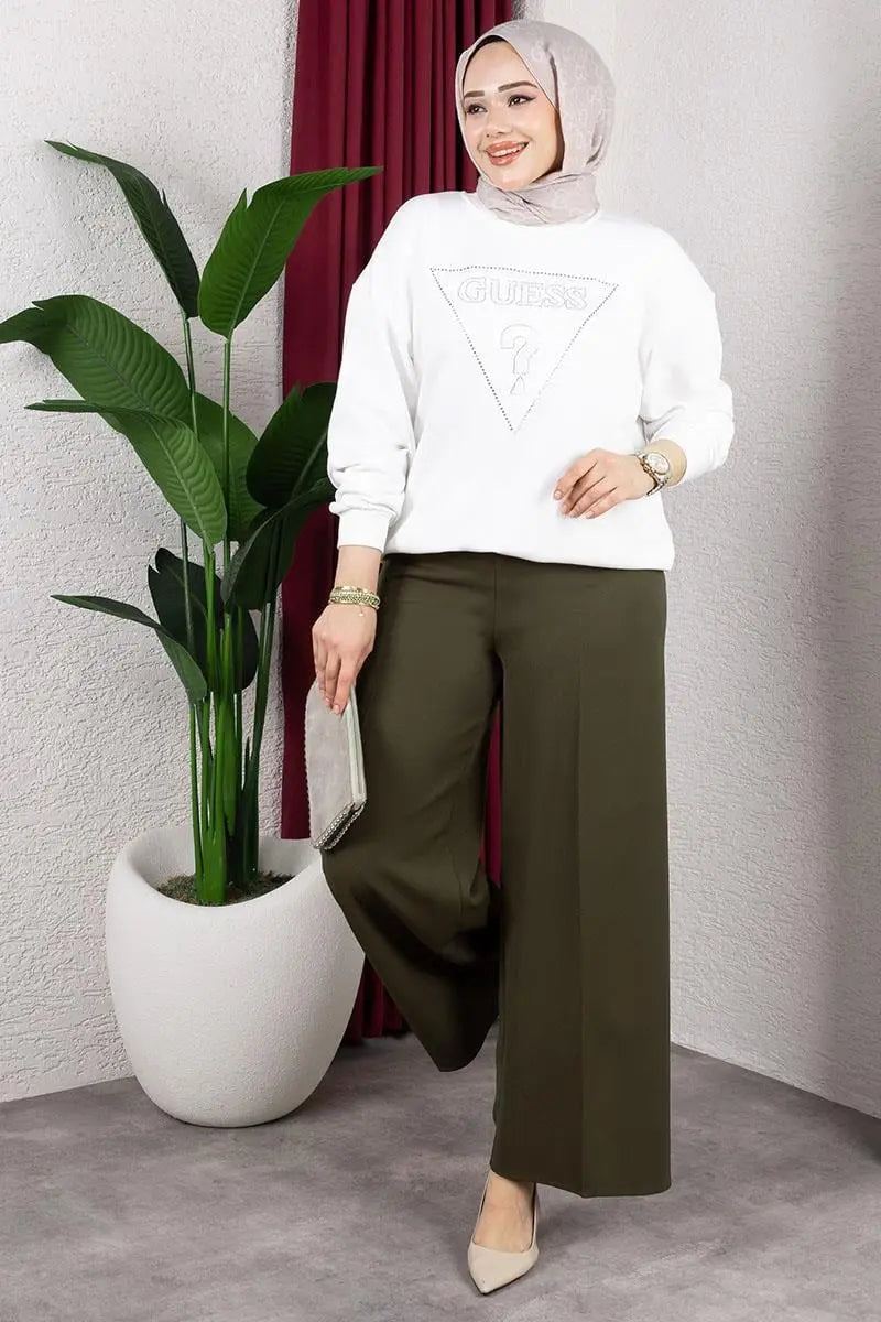 Elastic Waist Wide Leg Trousers | Khaki – NEOMODEST product image 2