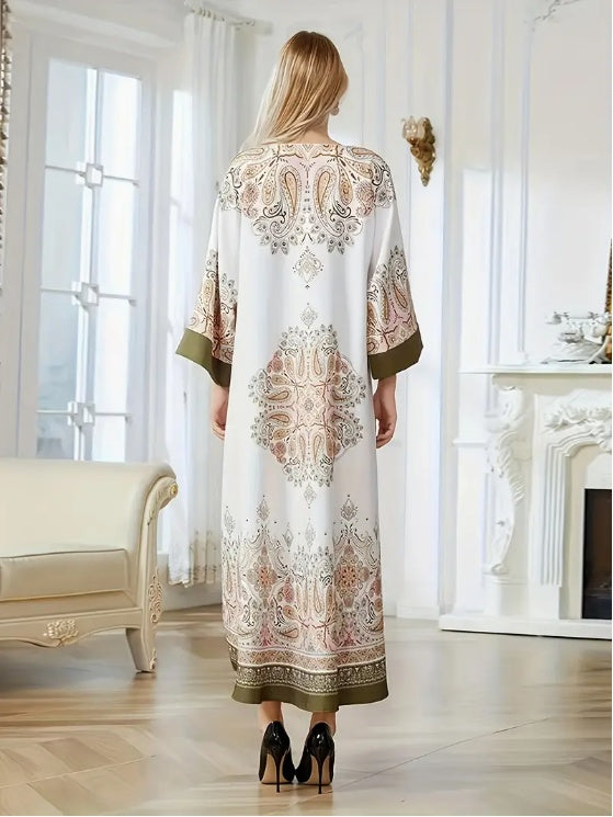 Elegant Floral Print Long Sleeve Abaya Dress - Square scarf