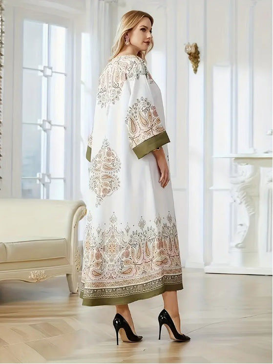 Elegant Floral Print Long Sleeve Abaya Dress - Square scarf