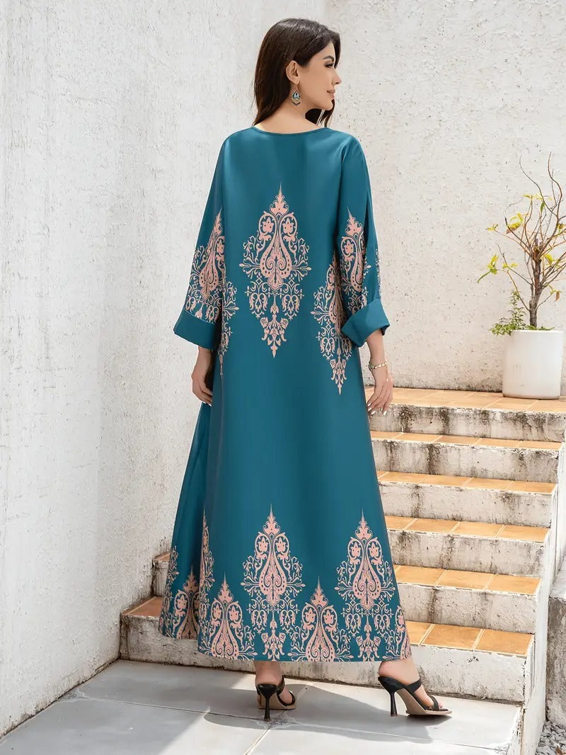 Abaya-Kleid für Damen aus dem Nahen Osten, langes Gewand mit Blumenmuster, islamische Kleidung, bescheidenes Kleid