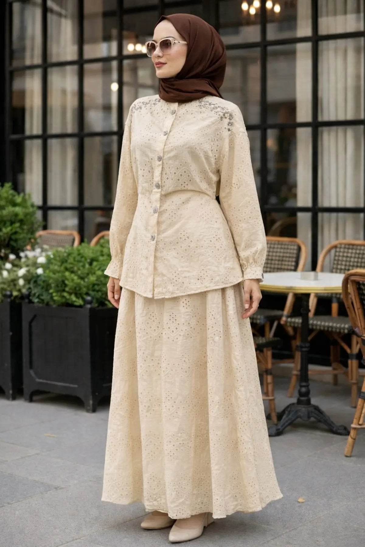 Fisto Stone Embellished Two-piece Set | Beige – NEOMODEST product image 2