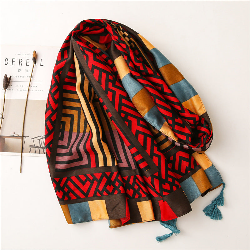 Geometric Cotton Linen Scarf - Red / 180x90cm - Scarf