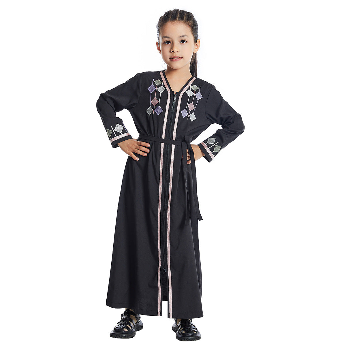 Girls’ Embroidered Zippered Abaya Kids’ Abaya Children’s Hijab Dress - Kids’ Abaya